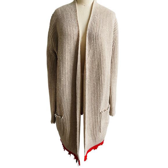 Zadig & Voltaire Rita Beige Wool Yak Cardigan Sweater Red Fringe Hem Medium - Picture 2 of 9